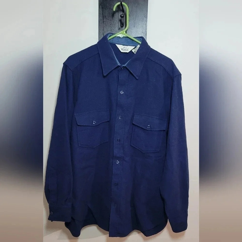Vintage 70s Woolrich Button Down Blue Wool Blend Long Sleeve Shirt Size XL EUC